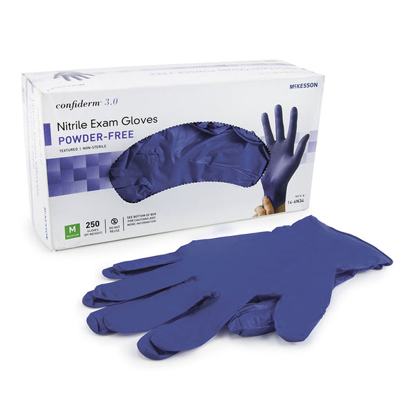 McKesson Confiderm® 3.0 Exam Glove Medium NonSterile Nitrile Standard Cuff Length Textured Fingertips Blue Not Rated (957802_CS) 10/CS