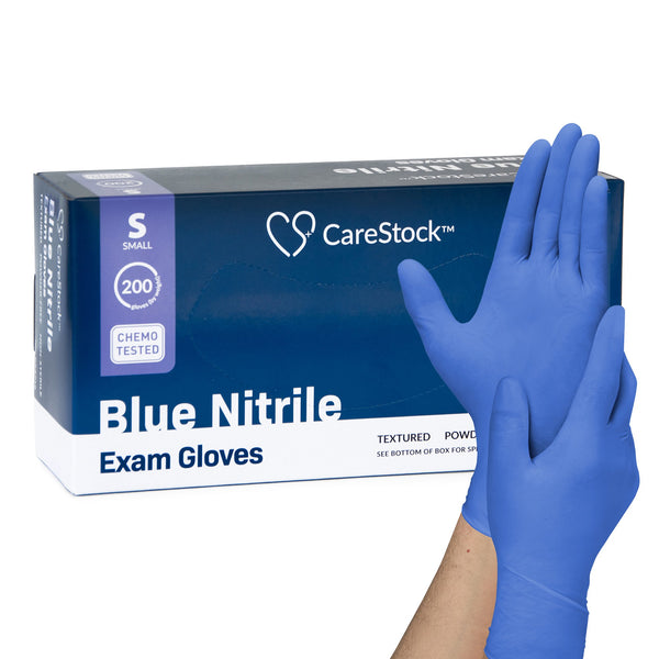 CareStock™ Exam Glove Small NonSterile Nitrile Standard Cuff Length Textured Fingertips Blue Chemo Tested (1230896_BX) 200/BX