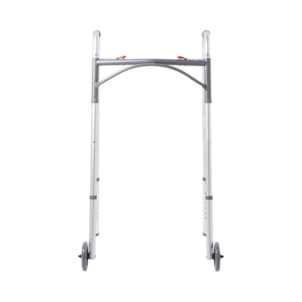 McKesson Dual Release Folding Walker with Wheels Adjustable Height Aluminum Frame 350 lbs. Weight Capacity 32 to 39 Inch Height (1076176_EA) 1/EA