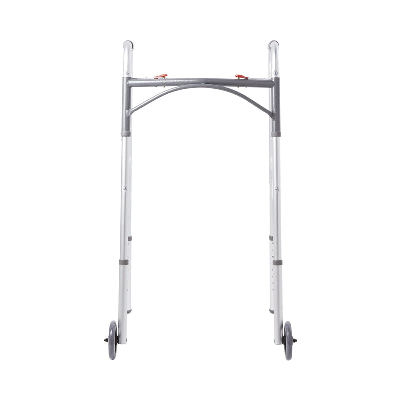 McKesson Dual Release Folding Walker with Wheels Adjustable Height Aluminum Frame 350 lbs. Weight Capacity 32 to 39 Inch Height (1076176_EA) 1/EA