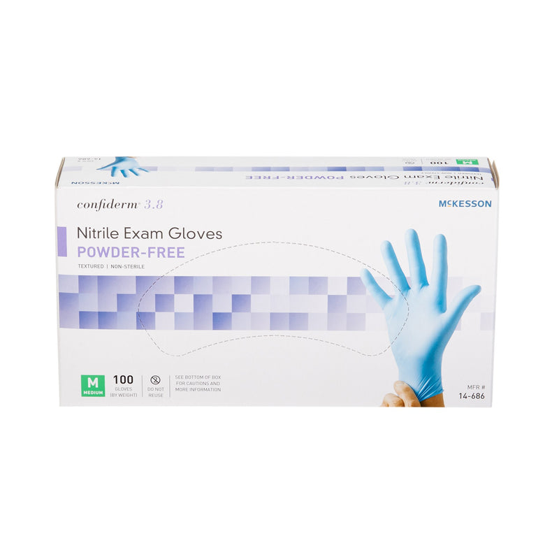 McKesson Confiderm® 3.8 Exam Glove Medium NonSterile Nitrile Standard Cuff Length Textured Fingertips Blue Not Rated (921611_CS) 1000/CS