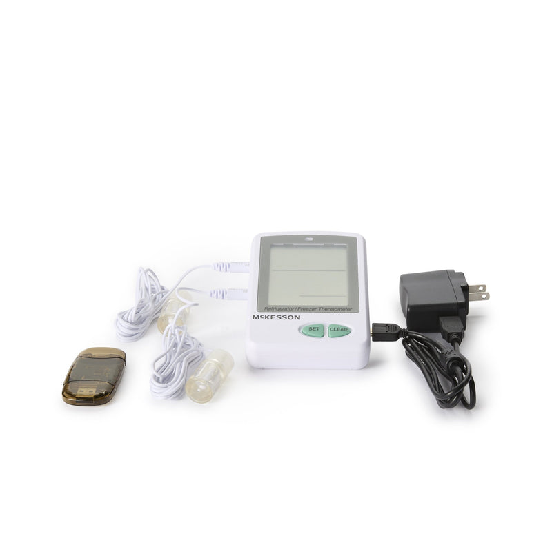 McKesson Datalogging Refrigerator / Freezer Thermometer with Alarm Fahrenheit / Celsius -58° to +158°F (-50° to +70°C) 2 Glycol Bottle Probes / Internal Sensor Flip-out Stand Battery Operated (1074442_EA) 1/EA
