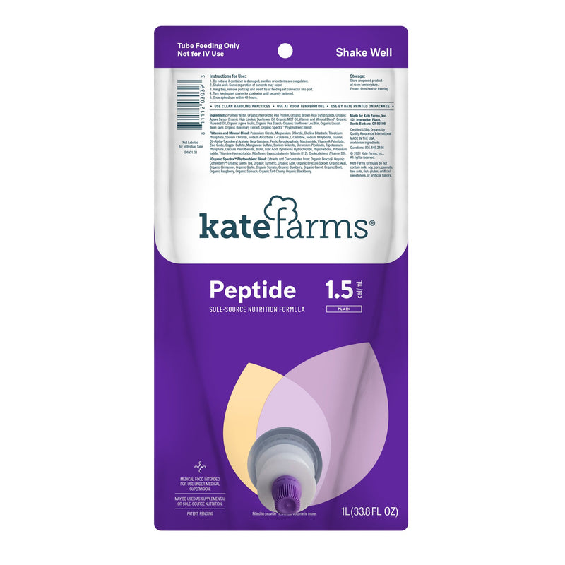 Kate Farms Peptide 1.5 Closed System Tube Feeding Formula Unflavored Liquid 1000 mL Ready to Hang Prefilled Container (1184940_CS) 6/CS