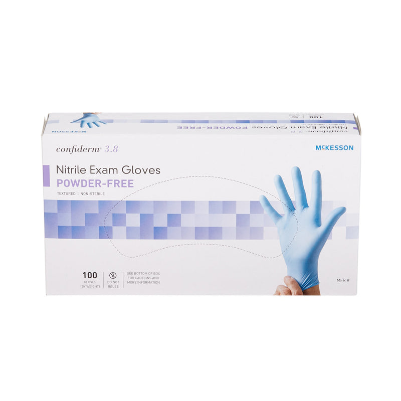 McKesson Confiderm® 3.8 Exam Glove Large NonSterile Nitrile Standard Cuff Length Textured Fingertips Blue Not Rated (921613_BX) 100/BX