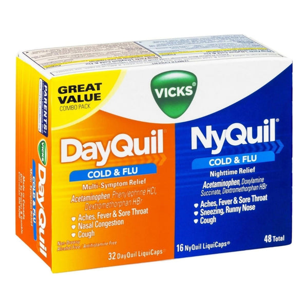 DayQuil® Nyquil® Combo Pack Cold and Cough Relief 325 mg - 10 mg - 5 mg Strength and 325 mg - 15 mg - 6.25 mg Strength Gelcap 48 per Box (829814_CT) 48/CT