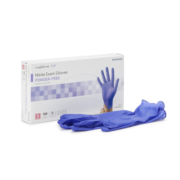 McKesson Confiderm® 3.0 Exam Glove Small NonSterile Nitrile Standard Cuff Length Textured Fingertips Blue Not Rated (1107940_CS) 1000/CS