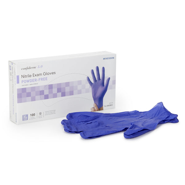 McKesson Confiderm® 3.0 Exam Glove X-Large NonSterile Nitrile Standard Cuff Length Textured Fingertips Blue Not Rated (1107943_CS) 1000/CS