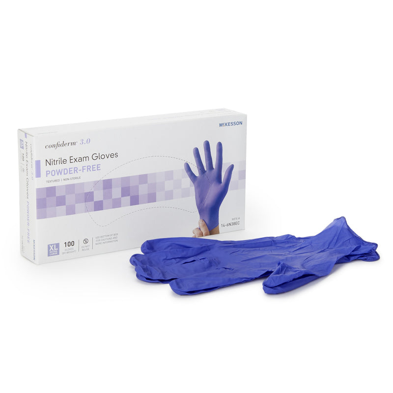 McKesson Confiderm® 3.0 Exam Glove X-Large NonSterile Nitrile Standard Cuff Length Textured Fingertips Blue Not Rated (1107943_CS) 1000/CS
