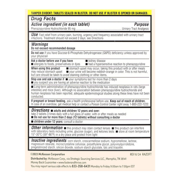 Foster & Thrive™ Urinary Pain Relief 95 mg Strength Phenazopyridine HCL Tablet 30 per Box (1244997_BX) 30/BX