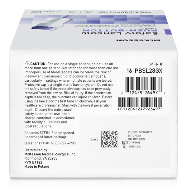 McKesson Safety Lancet 28 Gauge Retractable Push Button Activation Finger (1217991_BX) 100/BX