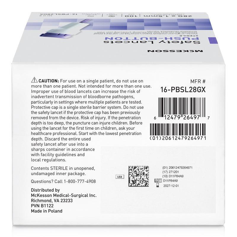 McKesson Safety Lancet 28 Gauge Retractable Push Button Activation Finger (1217991_BX) 100/BX