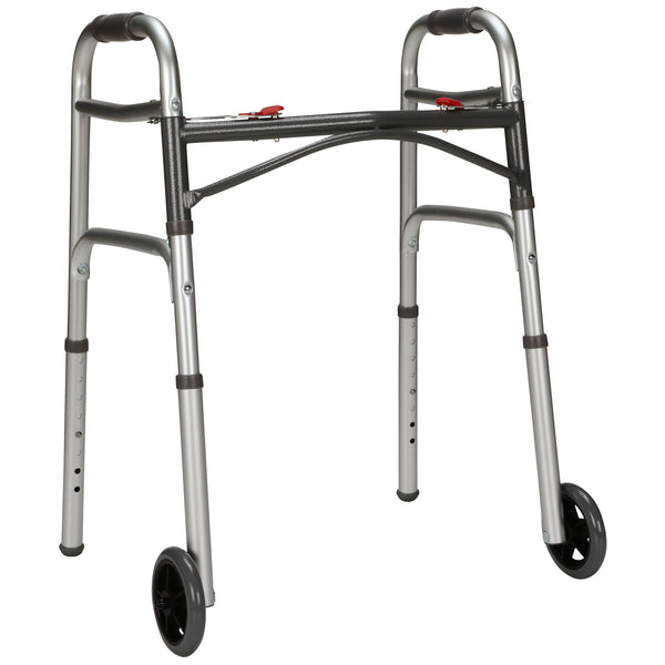McKesson Dual Release Folding Walker with Wheels Adjustable Height Aluminum Frame 350 lbs. Weight Capacity 25 to 32-1/4 Inch Height (1088077_CS) 1/CS