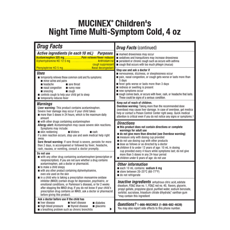 Children's Mucinex® Nighttime Multi-Symptom Cold Children's Cold and Cough Relief 325 mg - 12.5 mg - 5 mg / 10 mL Strength Liquid 4 oz. (1230097_EA) 1/EA