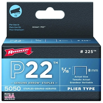 Arrow Fastener P22 Type Staples 225, 0.31" Leg, 0.5" Crown, Steel, 5,000/Pack (091-225) 1 Box