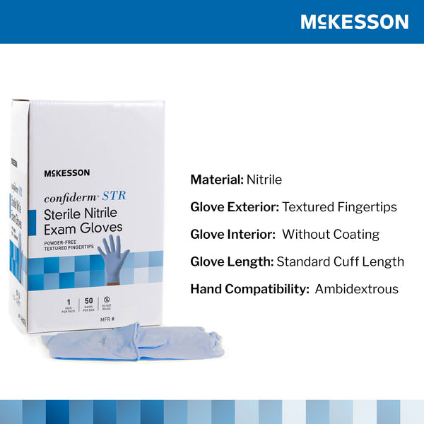 McKesson Confiderm® STR Exam Glove X-Large Sterile Pair Nitrile Standard Cuff Length Textured Fingertips Blue Not Rated (1065408_CS) 200/CS
