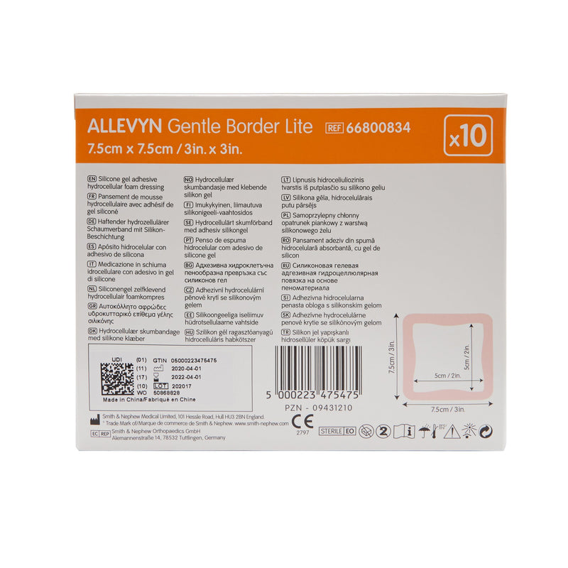 Allevyn Gentle Border Lite Thin Foam Dressing 3 X 3 Inch With Border Film Backing Silicone Gel Adhesive Square Sterile (767990_BX) 10/BX