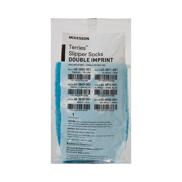 McKesson Terries™ Slipper Socks Unisex Adult One Size Fits Most Double Tread Single Patient Use Teal (558994_PR) 1/PR