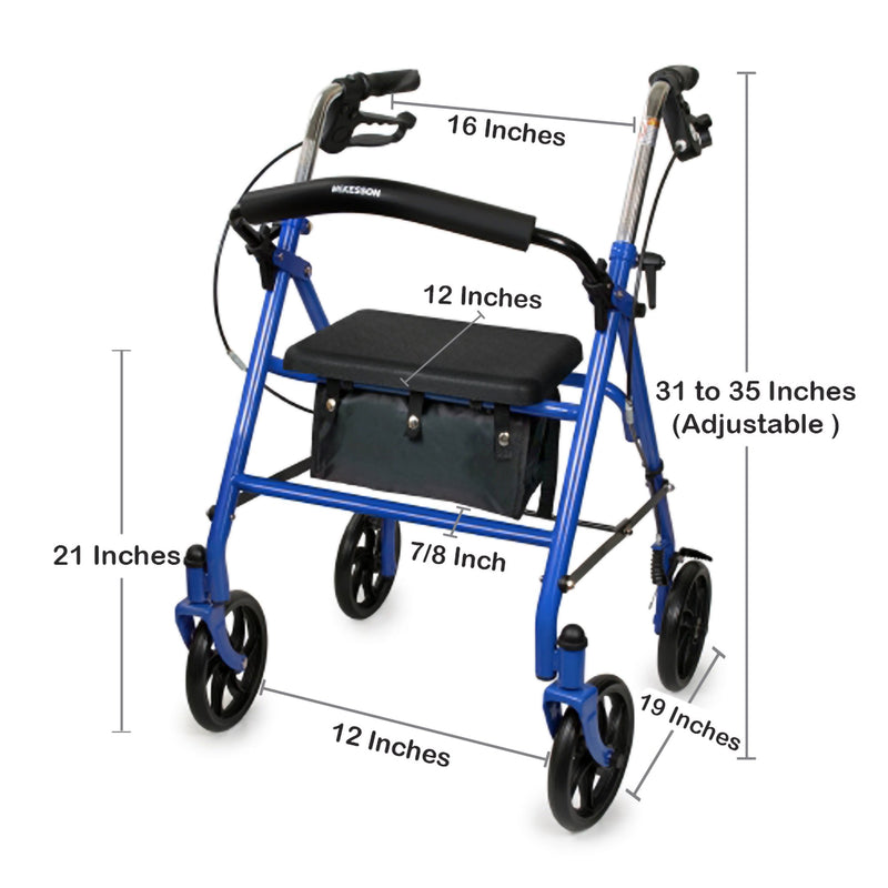 McKesson 4 Wheel Rollator Blue Adjustable Height / Folding Steel Frame (1065269_EA) 1/EA