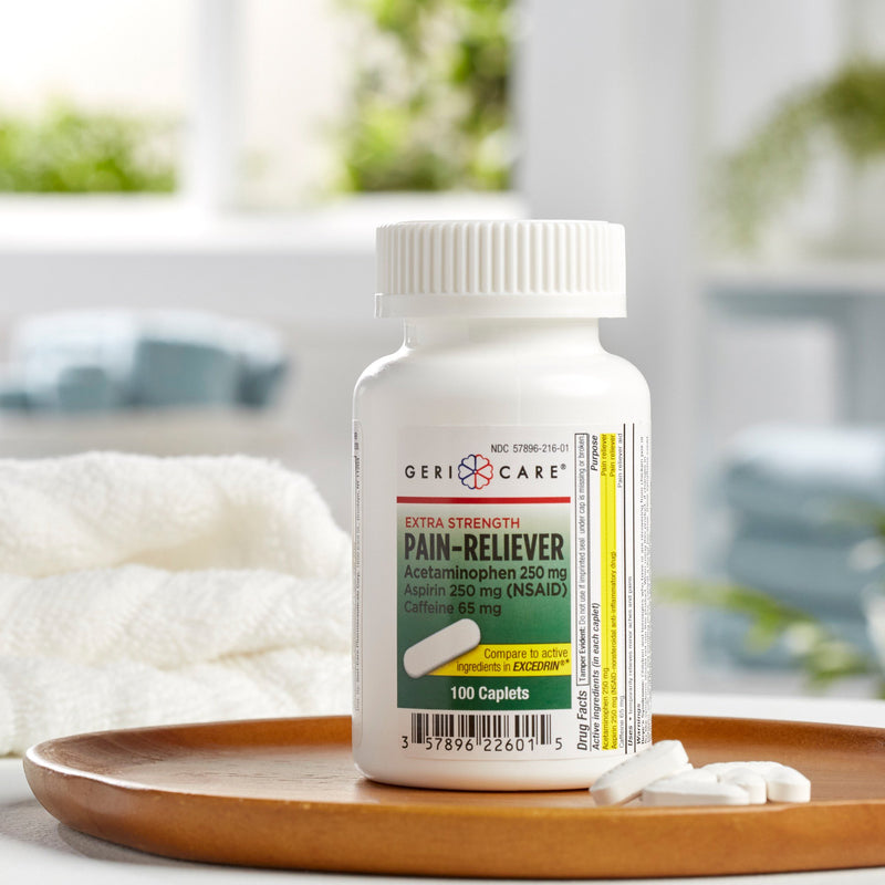 McKesson Brand Pain Relief 250 mg - 250 mg - 65 mg Strength Acetaminophen / Aspirin / Caffeine Caplet 100 per Bottle (868383_BT) 100/BT