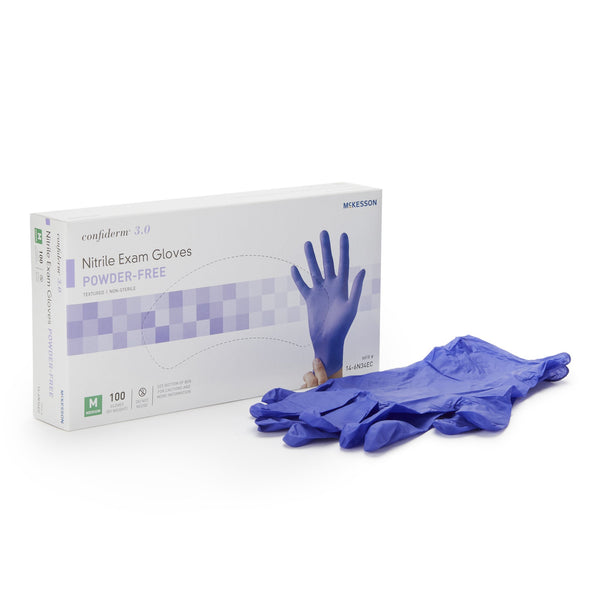 McKesson Confiderm® 3.0 Exam Glove Medium NonSterile Nitrile Standard Cuff Length Textured Fingertips Blue Not Rated (1107941_BX) 100/BX