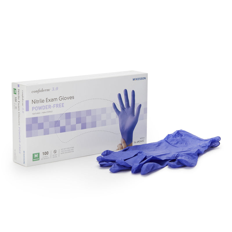 McKesson Confiderm® 3.0 Exam Glove Medium NonSterile Nitrile Standard Cuff Length Textured Fingertips Blue Not Rated (1107941_BX) 100/BX