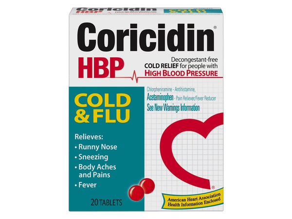 Coricidin® HBP Cold & Flu Cold and Cough Relief 325 mg - 2 mg Strength Tablet 20 per Box (930011_EA) 1/EA