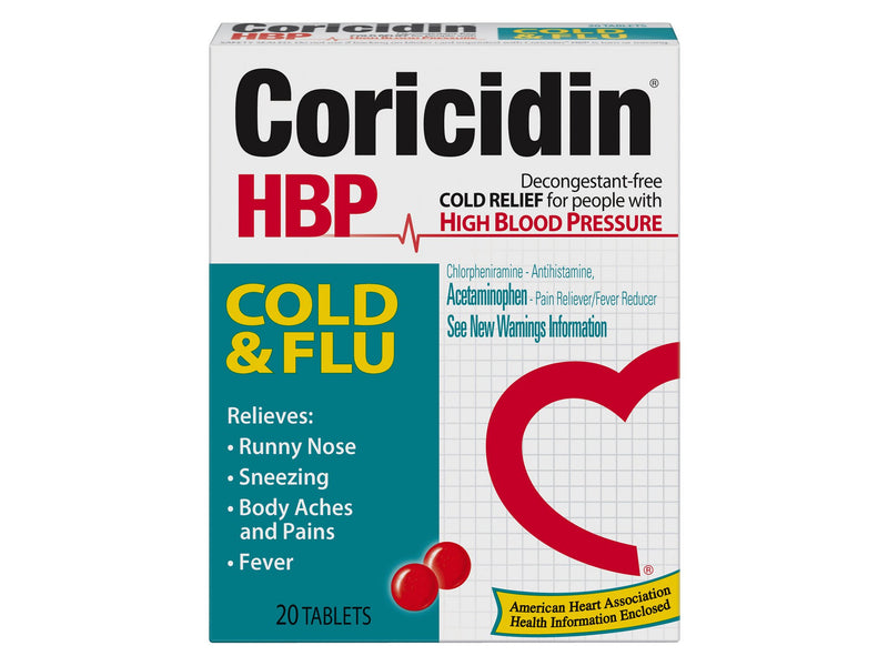 Coricidin® HBP Cold & Flu Cold and Cough Relief 325 mg - 2 mg Strength Tablet 20 per Box (930011_EA) 1/EA