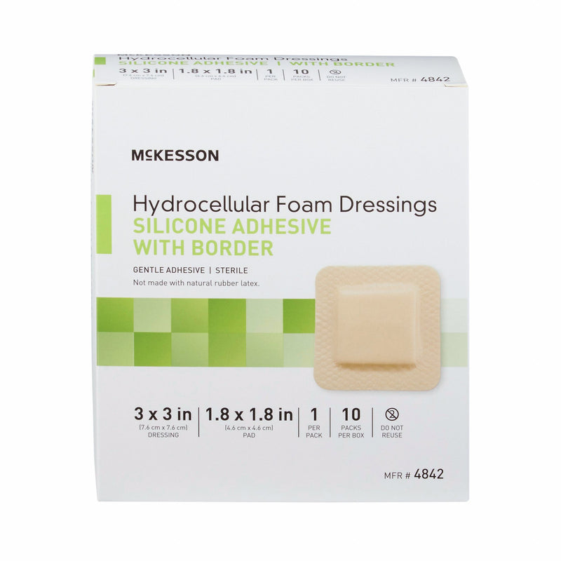 McKesson Foam Dressing 3 X 3 Inch With Border Film Backing Silicone Gel Adhesive Square Sterile (886431_BX) 10/BX