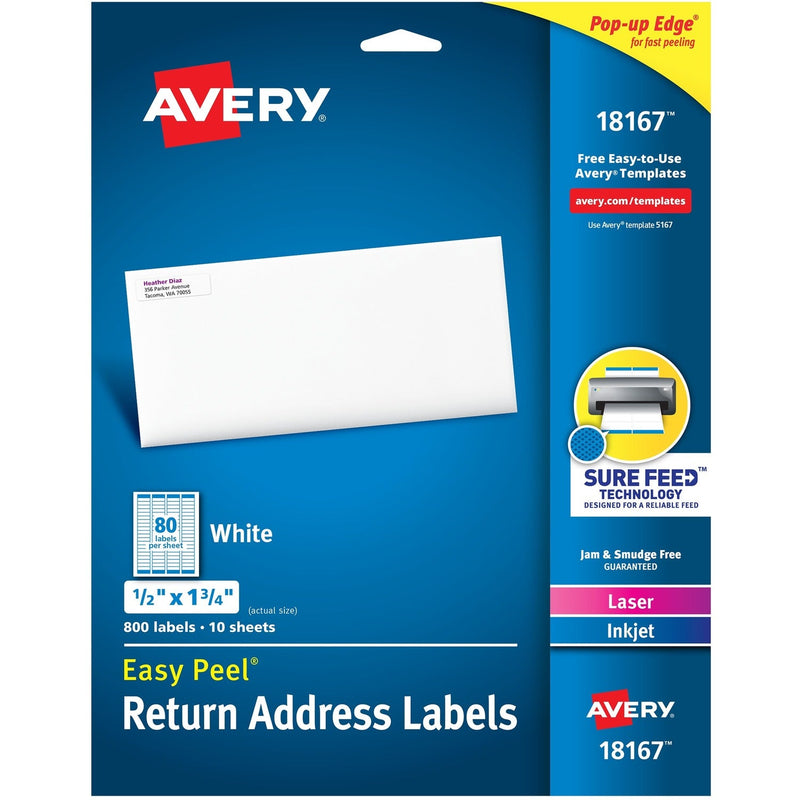 Avery&reg; Return Address, Laser/Inkjet, 1/2"x1 3/4" 800 per Pack, White (AVE18167) Pack of 80