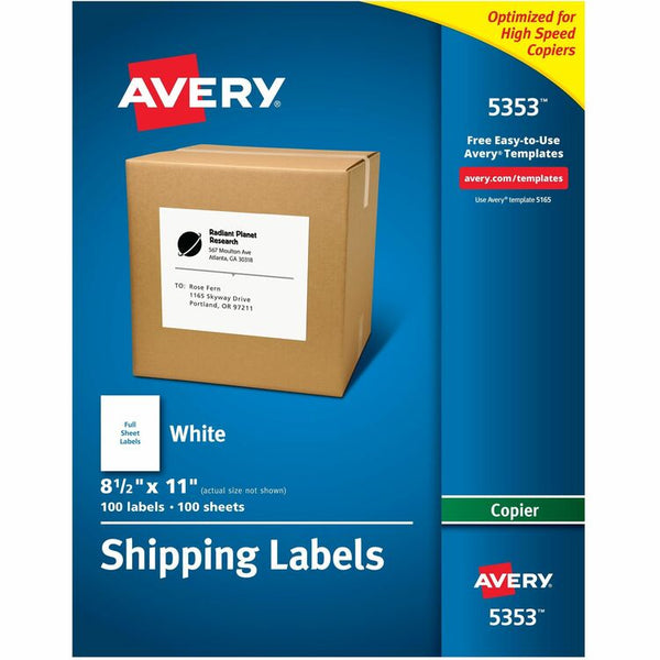 Avery Copier Mailing Labels, Copiers, 8.5 x 11, White, 100/Box (AVE5353)