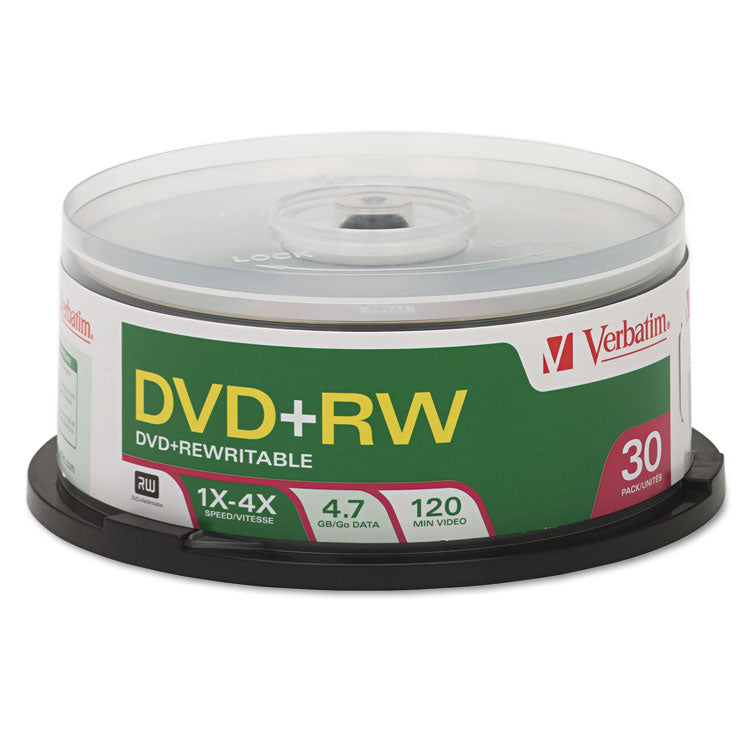 Verbatim® DVD+RW Rewritable Disc, 4.7 GB, 4x, Spindle, Silver, 30/Pack (VER94834)