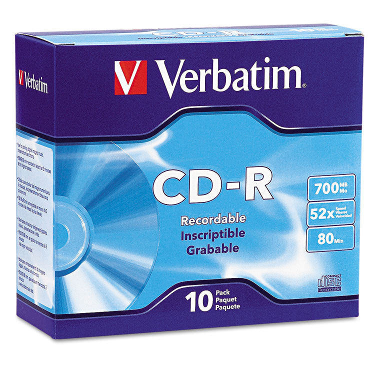 Verbatim® CD-R Recordable Disc, 700 MB/80 min, 52x, Slim Jewel Case, Silver, 10/Pack (VER94935)