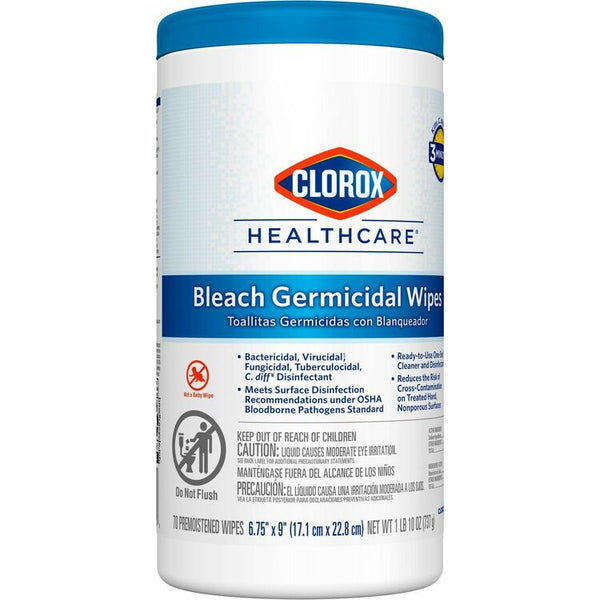 Clorox Bleach Germicidal Wipes, 6 3/4 x 9, Unscented, 70/Canister (CLO35309) Each