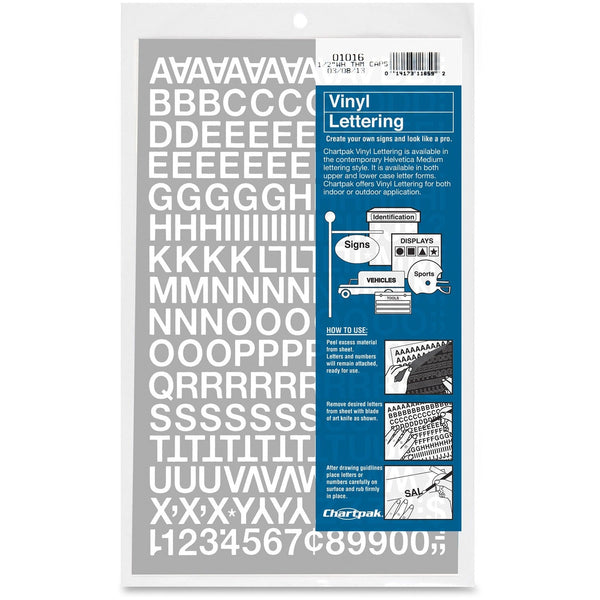 Chartpak Press On Vinyl Uppercase Letters/Numbers, 1/2&quot; High, White (CHA01016) Pack of 179