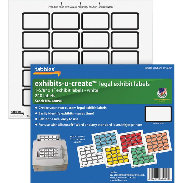 Tabbies Exhibit Labels, 1 5/8&quot;x1&quot;, 240 Labels/Pack, White (TAB48090) Pack of 240