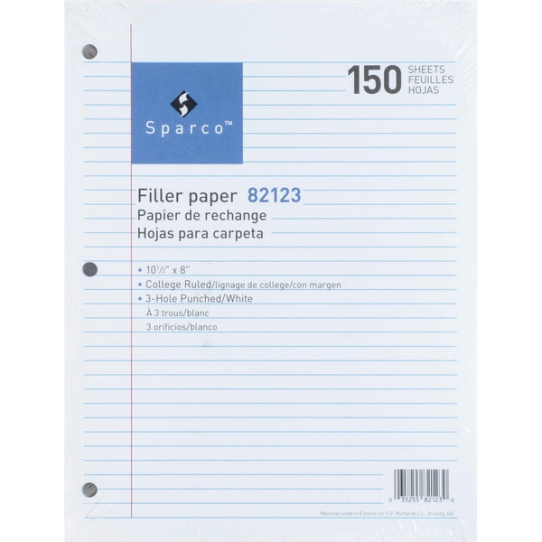 Sparco Filler Paper, College Ruled, 10 1/2&quot;x8&quot;, 150/Pack, White (SPR82123) Pack of 150