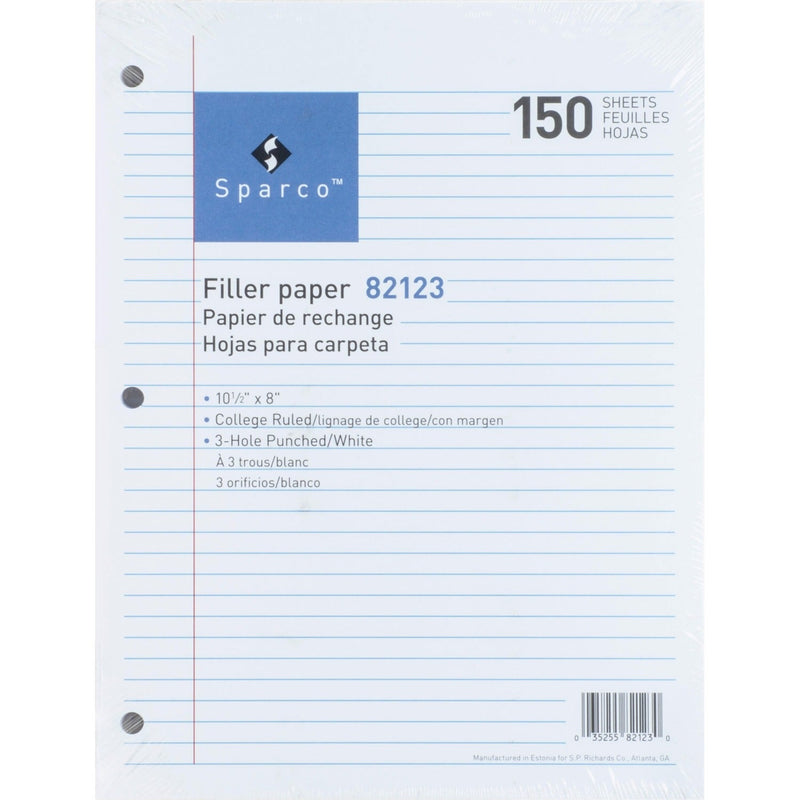 Sparco Filler Paper, College Ruled, 10 1/2&quot;x8&quot;, 150/Pack, White (SPR82123) Pack of 150