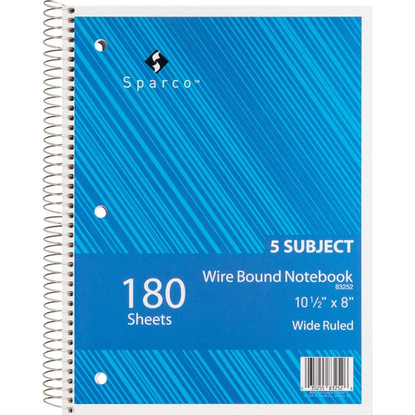 Sparco Notebooks, Wirebound, 5 Subject, 10 1/2&quot;x8&quot;, Wide Ruled, 180SH (SPR83252)