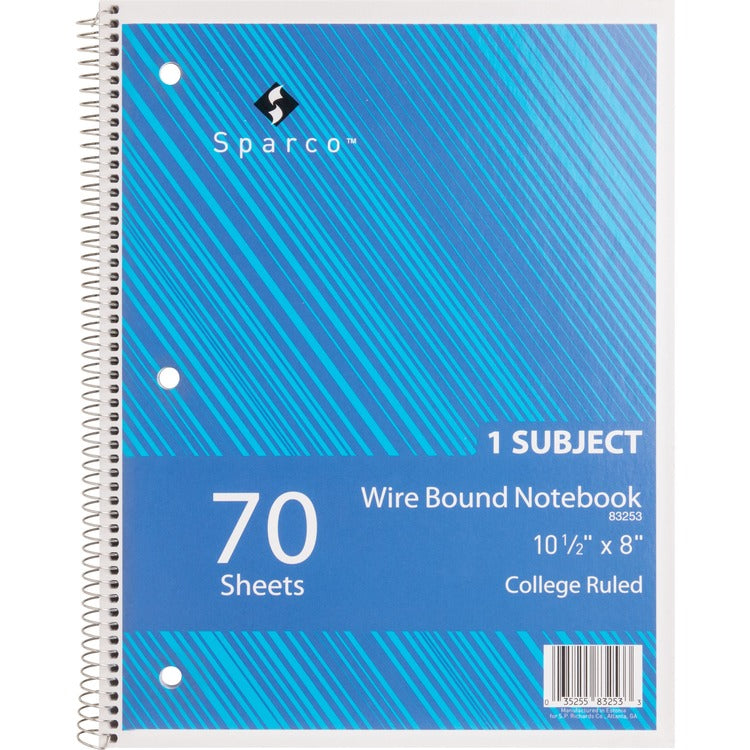 Sparco Notebooks, Wirebound, 1 Subject, 10 1/2&quot;x8&quot;, College Ruled, 70SH (SPR83253)