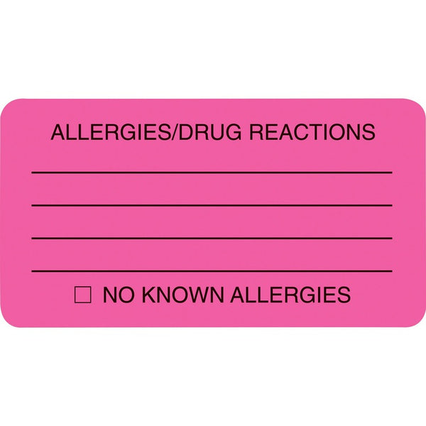 Tabbies Allergy Warning Labels, ALLERGIES/DRUG REACTIONS NO KNOWN ALLERGIES, 1.75 x 3.25, Pink, 250/Roll (TAB01730)