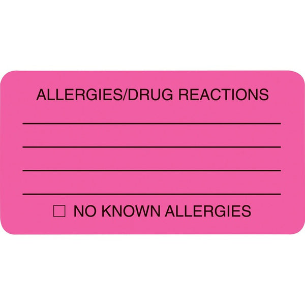 Tabbies Allergy Warning Labels, ALLERGIES/DRUG REACTIONS NO KNOWN ALLERGIES, 1.75 x 3.25, Pink, 250/Roll (TAB01730) Roll of 250