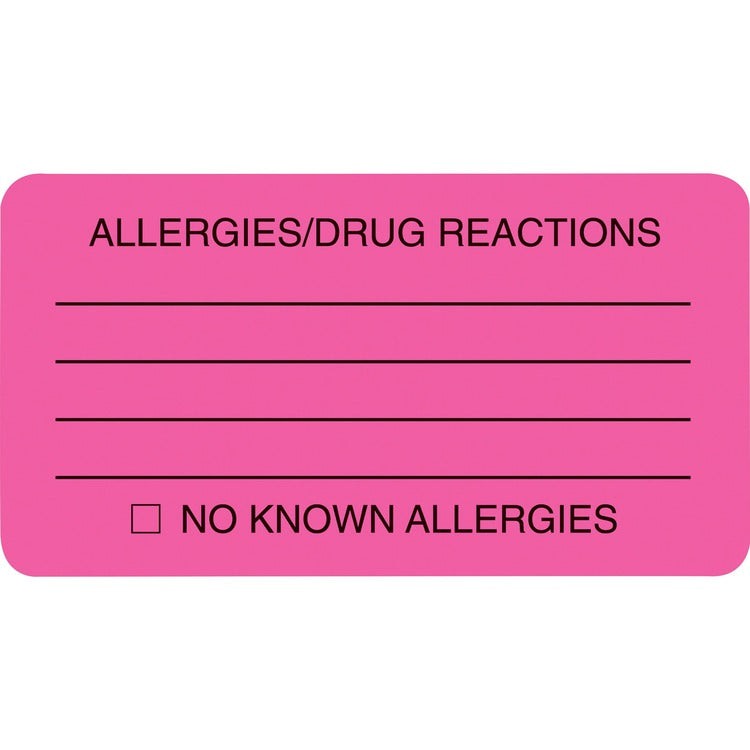 Tabbies Allergy Warning Labels, ALLERGIES/DRUG REACTIONS NO KNOWN ALLERGIES, 1.75 x 3.25, Pink, 250/Roll (TAB01730) Roll of 250