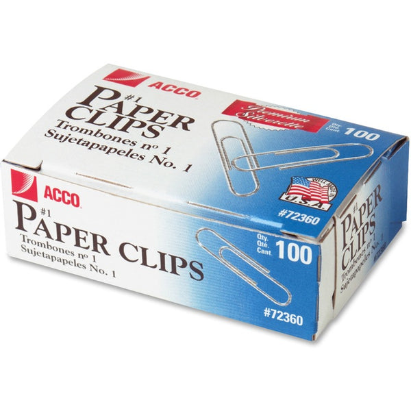 ACCO Paper Clips, Medium (No. 1), Silver, 100/Box, 10 Boxes/Pack (ACC72360)