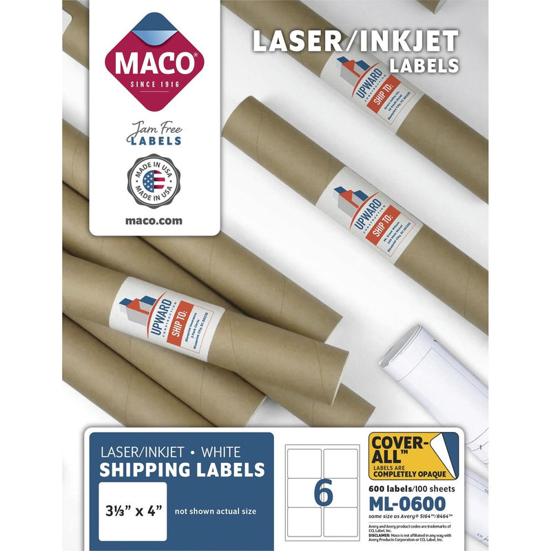 Maco Shipping Labels, 3 1/3&quot;x4&quot;, 600/BX, White (MACML0600) Box of 600