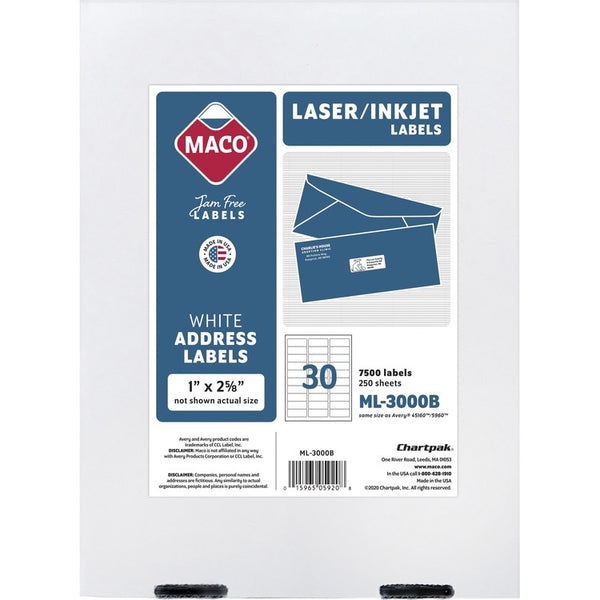 Maco Address Labels, 1&quot;x2 5/8&quot;, 7500/BX, White (MACML3000B) Box of 7500