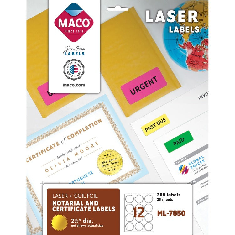 Maco Foil Laser Seals, 2 1/2&quot; Diameter, 300/Pack, Gold (MACML7850) Pack of 300