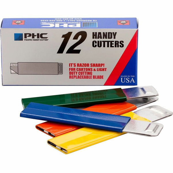 PHC Handy Box Cutter, Tap Open/Tap Close, 12/BX, Assorted Colors (PHCHC100) Box of 12