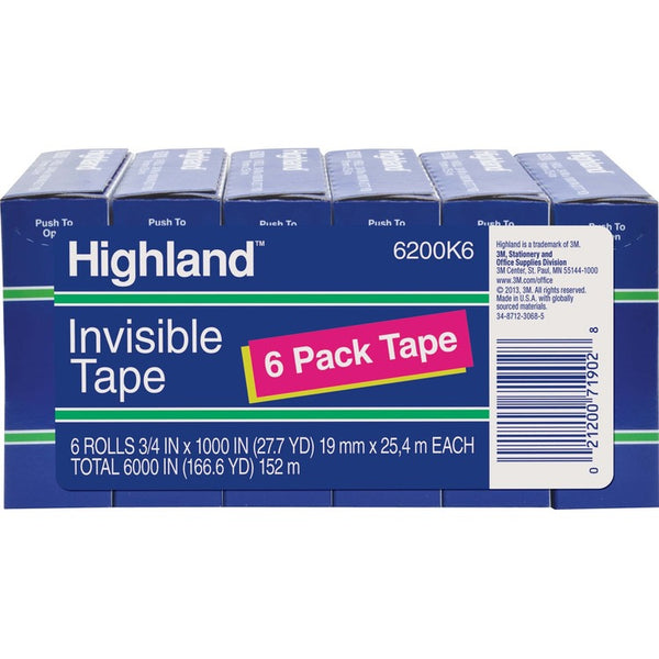 Highland Highland Invisible Tape, 1&quot; Core, 3/4&quot;x1000&quot;, 6/PK, Clear (MMM6200341000) Pack of 6
