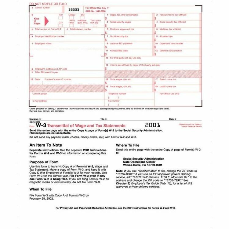 TOPS W-3 Tax Form, Lttr, 2-Part Carbonless, 10 Continuous Forms (TOP2203) Pack of 10