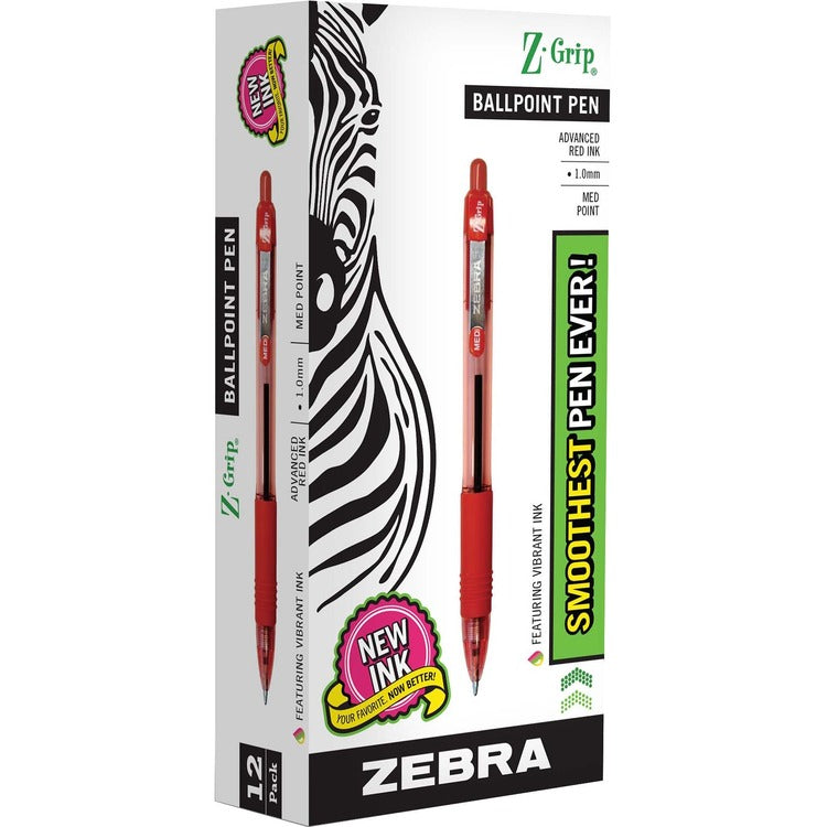 Zebra Z-Grip Retractable Ballpoint Pen, 1 mm Pen Point Size - Red Ink (ZEB22230) Pack of 12